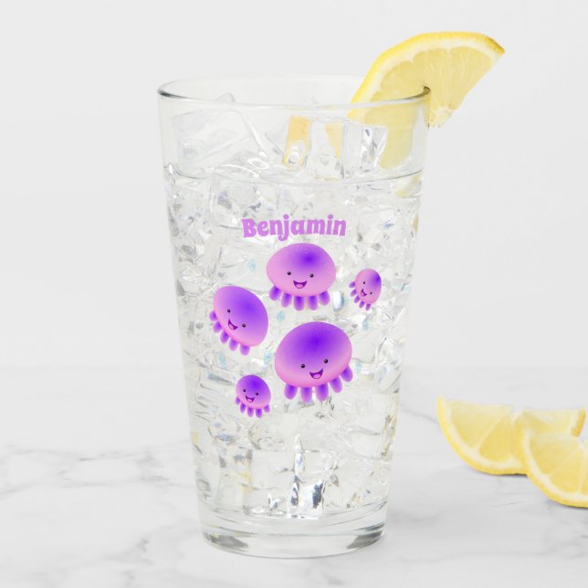 Cute pink purple jellyfish kawaii cartoon glass (Back Ice)