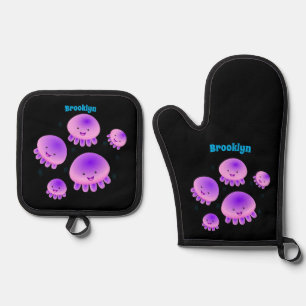 Cute pink purple jellyfish kawaii cartoon oven mitt & pot holder set