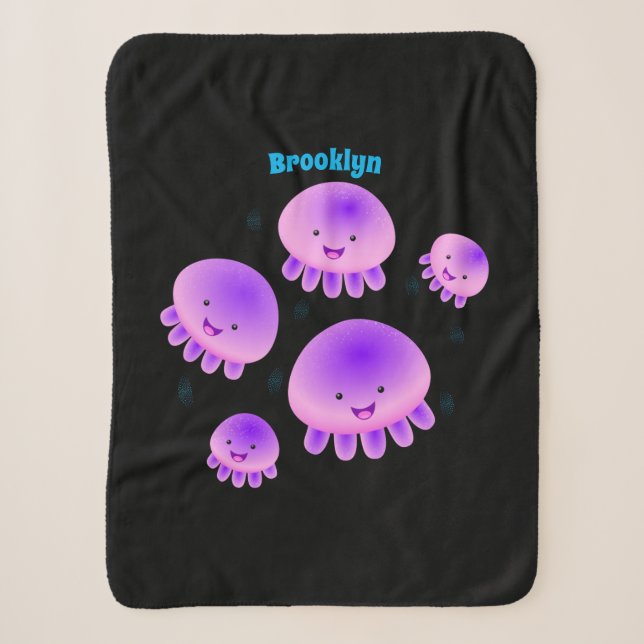 Cute pink purple jellyfish kawaii cartoon sherpa blanket (Front)