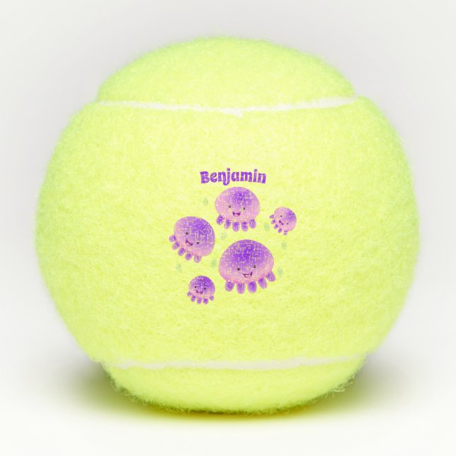 Cute pink purple jellyfish kawaii cartoon tennis balls (Front)