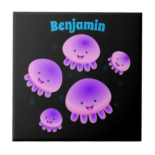Cute pink purple jellyfish kawaii cartoon tile