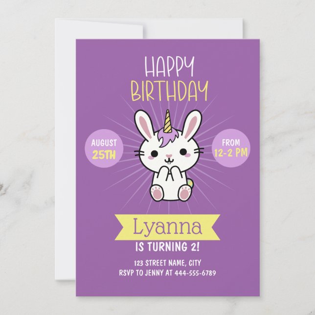 Cute Pink Purple Kawaii Unicorn 2nd Birthday  Invitation (Front)