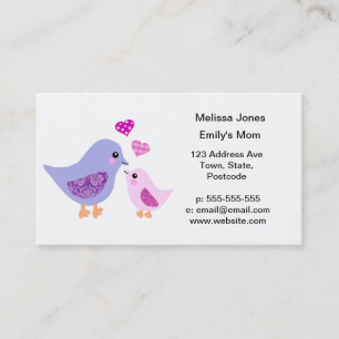 Cute pink & purple mother and child birds calling card