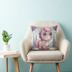 Cute Pink Purple Pony in Dreamy Meadow Throw Pillow