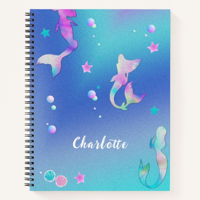 Cute Pink Purple Teal Mermaids Girly Sketchbook Notebook (Front)