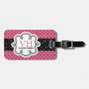 Cute Pink Quatrefoil and Faux Glitter Luggage Tag