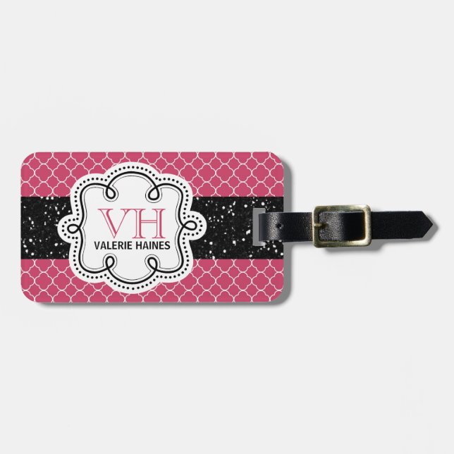Cute Pink Quatrefoil and Faux Glitter Luggage Tag (Front Horizontal)