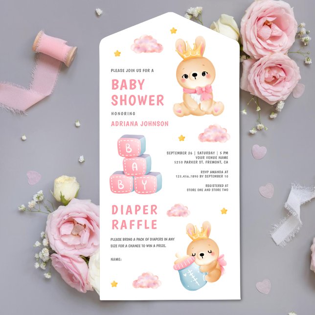 Cute Pink Queen Bunny Girl Baby Shower All In One Invitation (Creator Uploaded)
