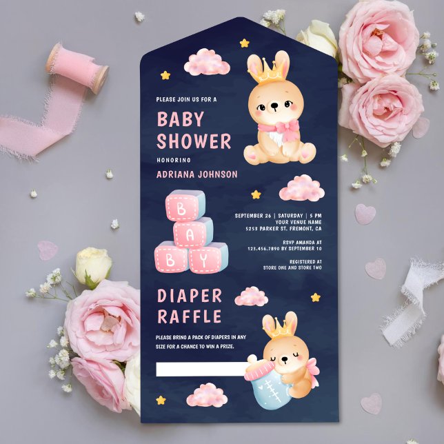 Cute Pink Queen Bunny Girl Navy Blue Baby Shower All In One Invitation (Creator Uploaded)