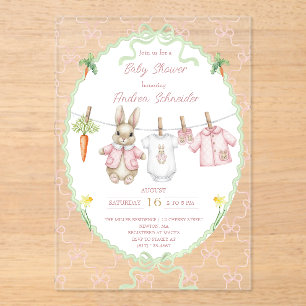 Cute Pink Rabbit Clothesline Baby Shower Acrylic Invitations