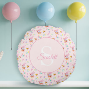 Cute Pink Rabbit Trumpet Garden Blue Monogram Round Pillow