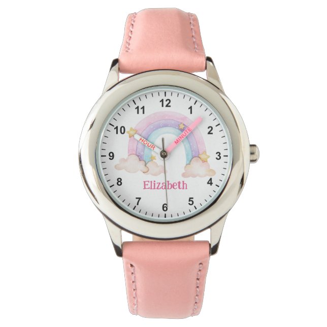Cute Pink Rainbow and Stars Girl's First Watch (Front)