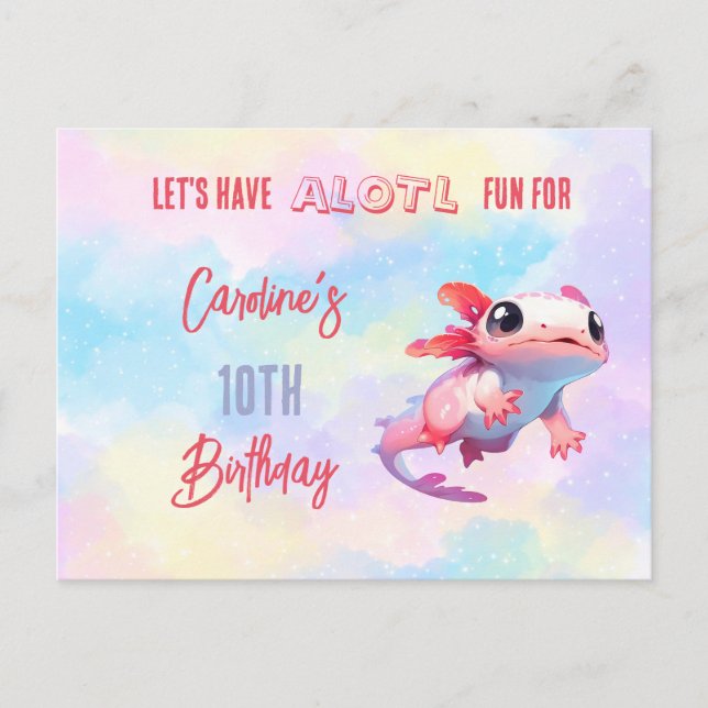 Cute Pink Rainbow Axolotl Birthday Party Invitation Postcard (Front)