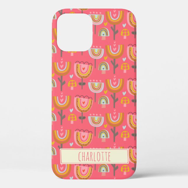 Cute Pink Rainbow Flowers Personalized Name Case-Mate iPhone Case (Back)