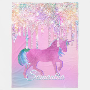 Cute Pink Rainbow unicorn Glitter Drips monogram Fleece Blanket