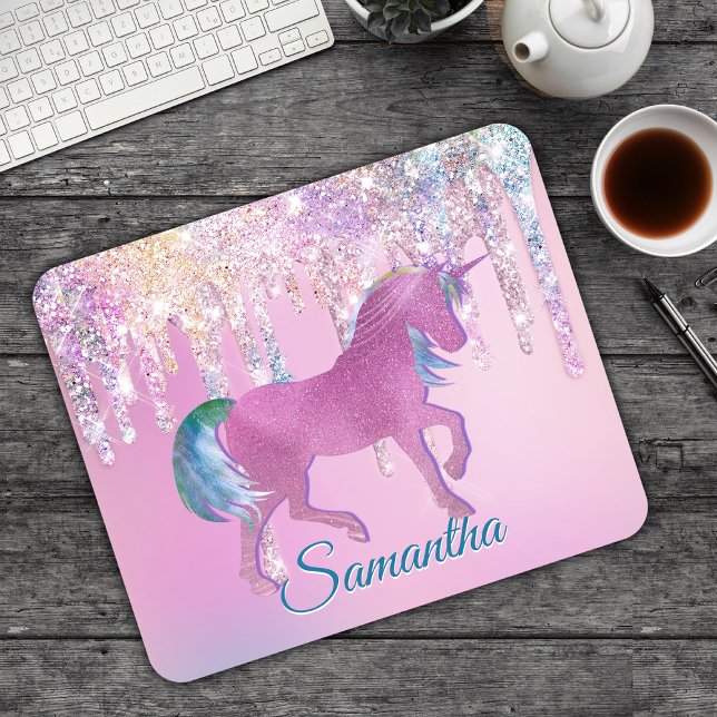 Cute Pink Rainbow unicorn Glitter Drips monogram Mouse Pad (Creator Uploaded)