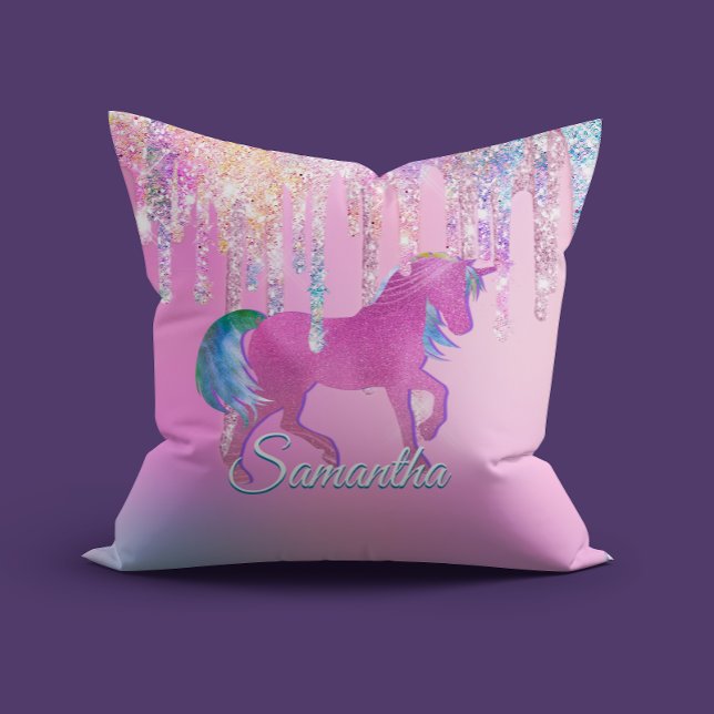 Cute Pink Rainbow unicorn Glitter Drips monogram Throw Pillow (Creator Uploaded)