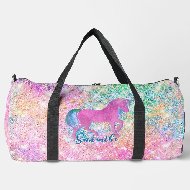 Cute Pink Rainbow unicorn Glitter Duffle Bag (Front)