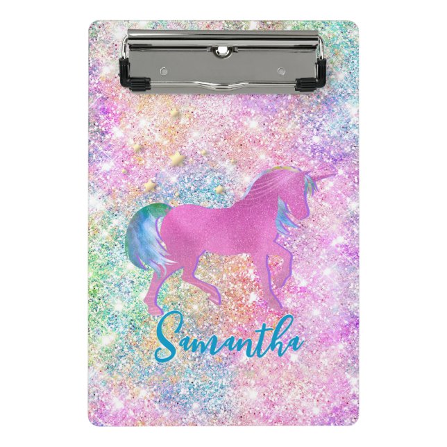 Cute Pink Rainbow unicorn Glitter monogram Mini Clipboard (Front)