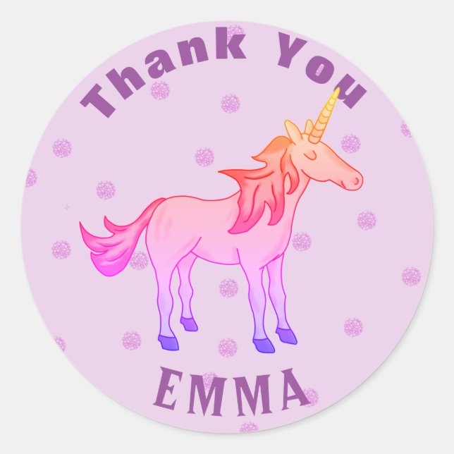 Cute Pink Rainbow Unicorn Thank You Name Classic Round Sticker (Front)