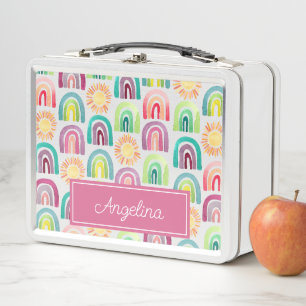 Cute Pink Rainbows & Suns Pattern Back to School Metal Lunch Box