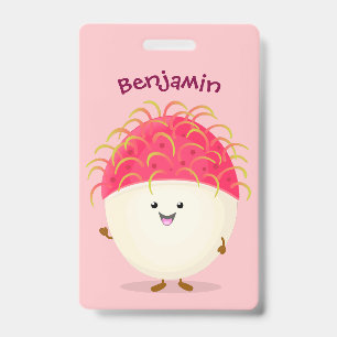 Cute pink rambutan cartoon illustration badge