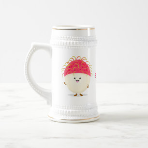Cute pink rambutan cartoon illustration beer stein
