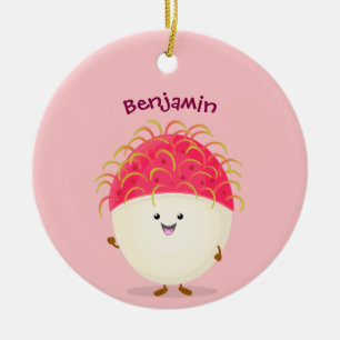 Cute pink rambutan cartoon illustration ceramic ornament