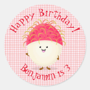 Cute pink rambutan cartoon illustration classic round sticker