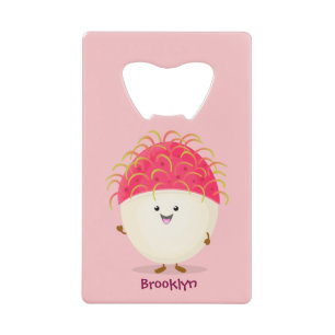 Cute pink rambutan cartoon illustration credit card bottle opener
