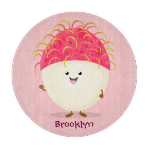Cute pink rambutan cartoon illustration cutting board