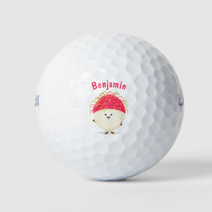 Cute pink rambutan cartoon illustration golf balls