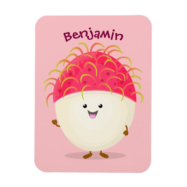 Cute pink rambutan cartoon illustration magnet (Vertical)