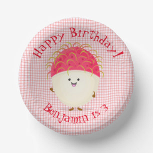 Cute pink rambutan cartoon illustration paper plate