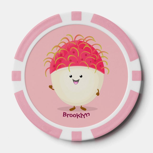 Cute pink rambutan cartoon illustration poker chips (Front)