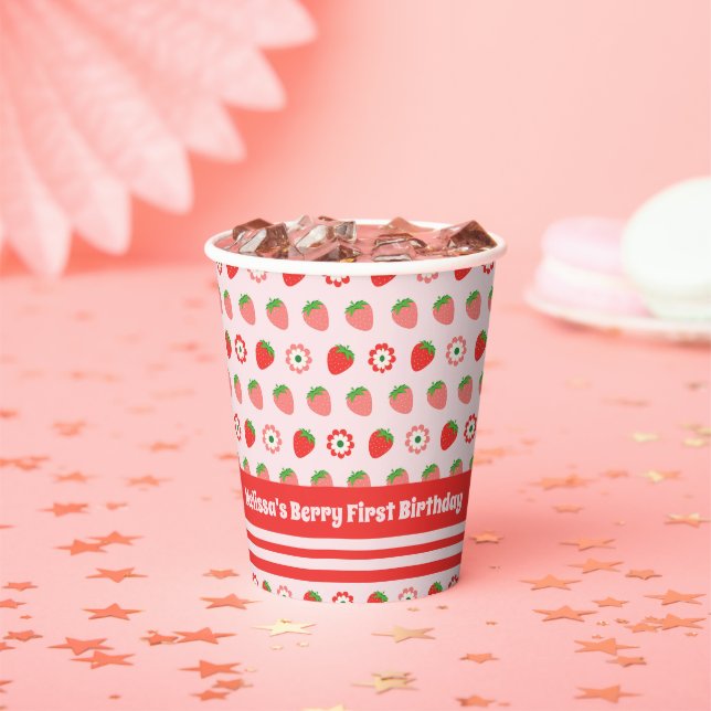 Cute Pink Red Berry First Birthday Paper Cups (Insitu)