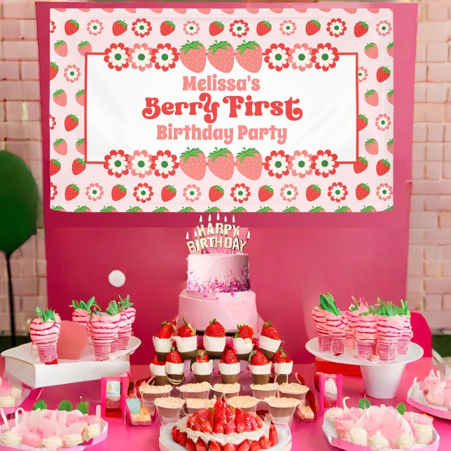 Cute Pink Red Berry First Birthday Party Banner (Creator Uploaded)