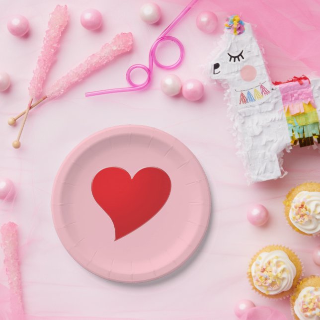 Cute pink red big heart modern girly Valentine’s Paper Plate (Party)