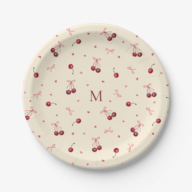 Cute Pink Red Bows Cherries Hearts with Monogram Paper Plate (Front)