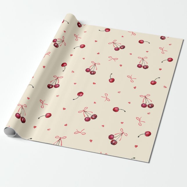 Cute Pink Red Cherries Hearts Bows Cream Wrapping Paper (Unrolled)
