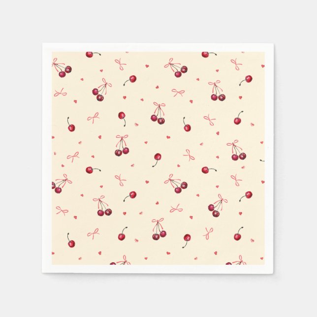 Cute Pink Red Cherries Hearts Bows on Cream Napkin (Front)