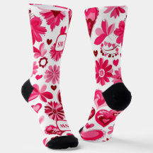 Cute pink red floral hearts, girly monogram