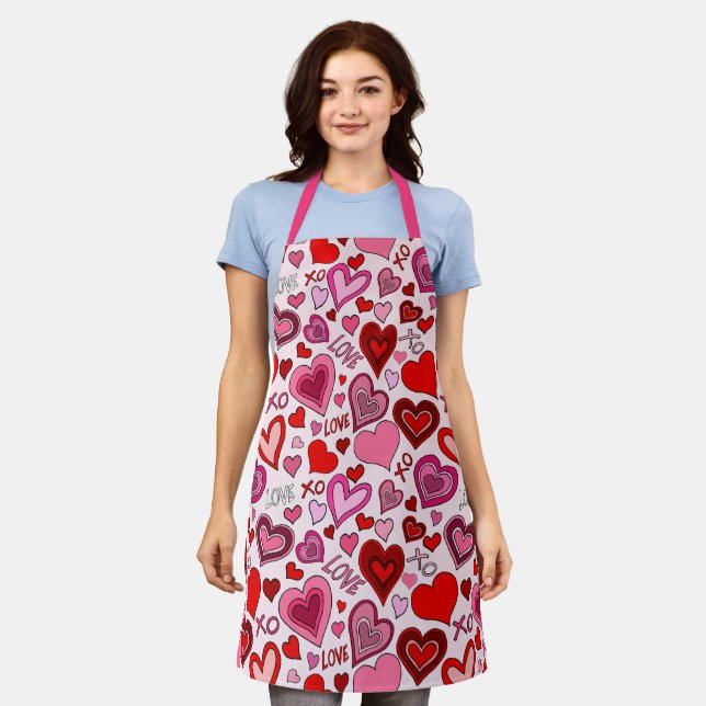 Cute Pink Red Hearts Blush Love Pattern Apron (Worn)