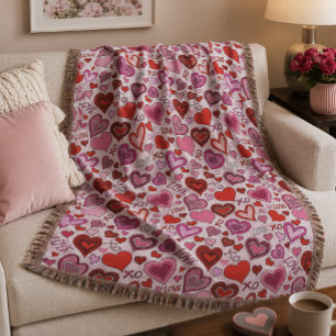 Cute Pink Red Hearts Blush Love Pattern Throw Blanket