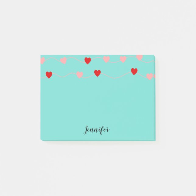 Cute Pink Red Hearts On String Personalized Post-it Notes (Front)