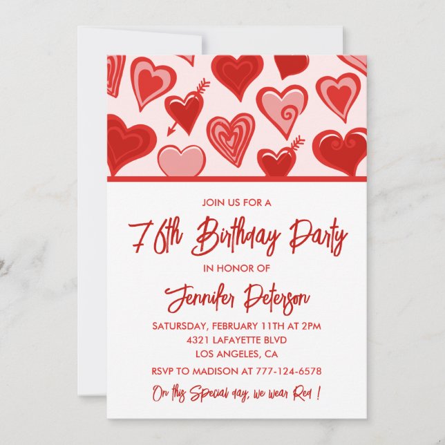Cute Pink Red Hearts Pattern 76th birthday Invitation (Front)