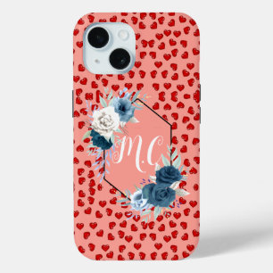 cute pink & Red hearts pattern Custom monogram iPhone 15 Case