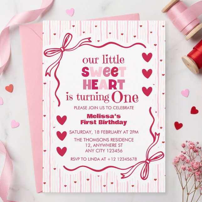Cute Pink Red Little Sweetheart First Birthday  Invitation (Creator Uploaded)