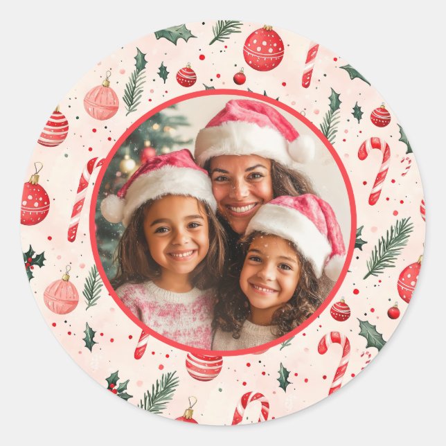Cute Pink Red Photo Christmas Classic Round Sticker (Front)