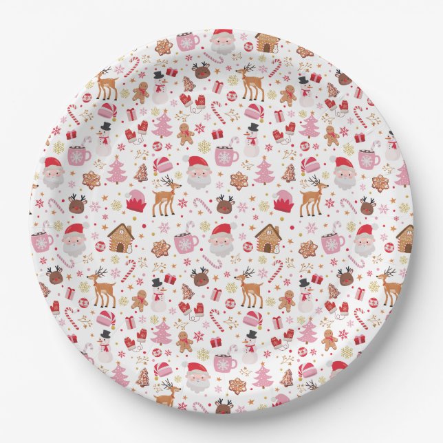 Cute Pink Red Santa Claus Christmas Holiday Party Paper Plate (Front)